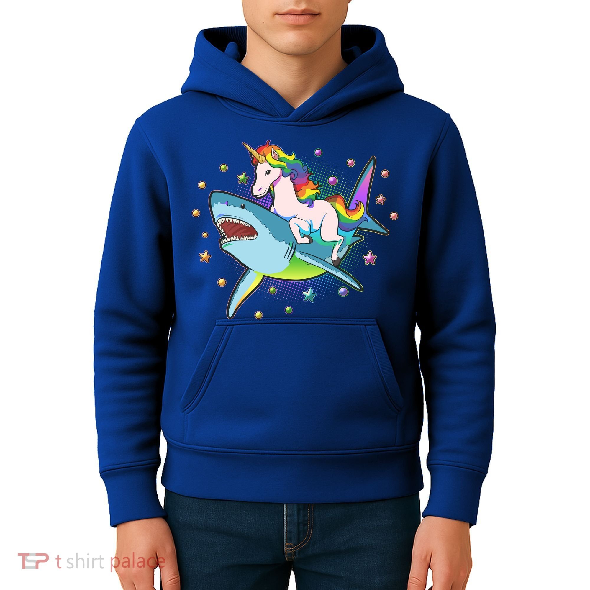 Funny Rainbow Unicorn Riding Shark Kids Hoodie