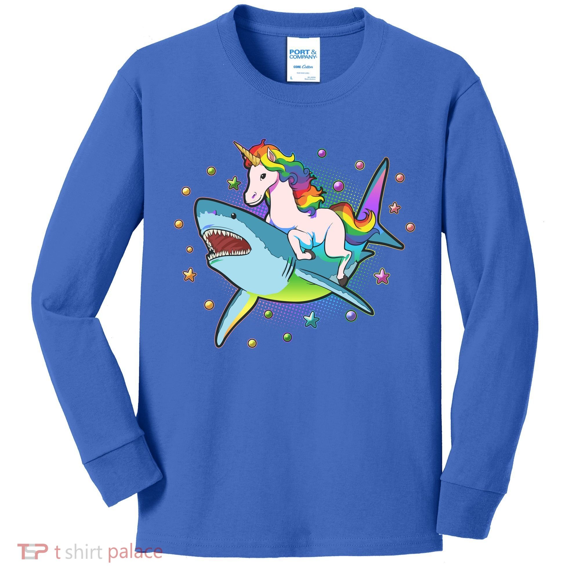 Funny Rainbow Unicorn Riding Shark Kids Long Sleeve Shirt