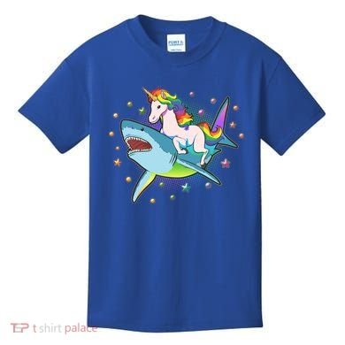 Funny Rainbow Unicorn Riding Shark Kids T-Shirt