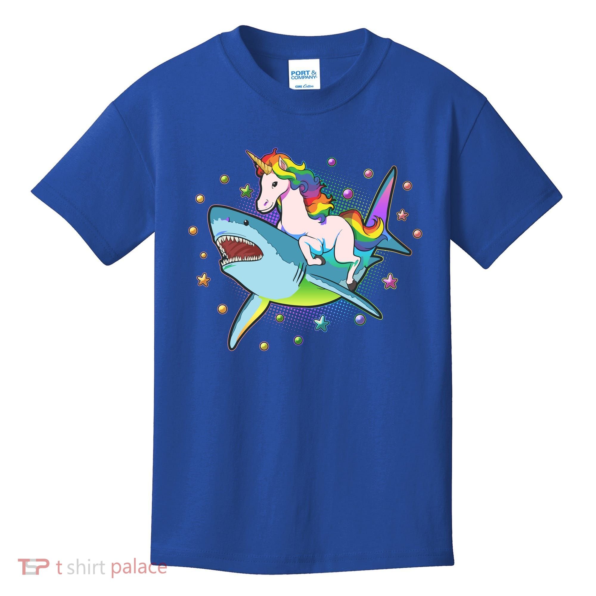 Funny Rainbow Unicorn Riding Shark Kids T-Shirt