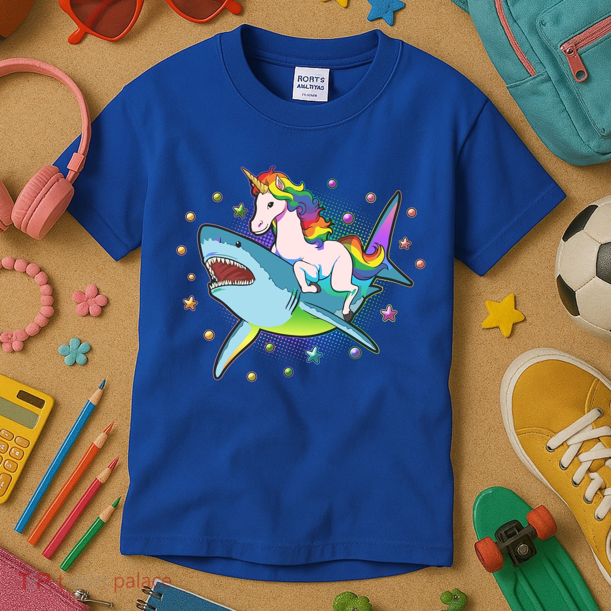 Funny Rainbow Unicorn Riding Shark Kids T-Shirt