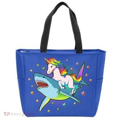 Funny Rainbow Unicorn Riding Shark Tote Bag