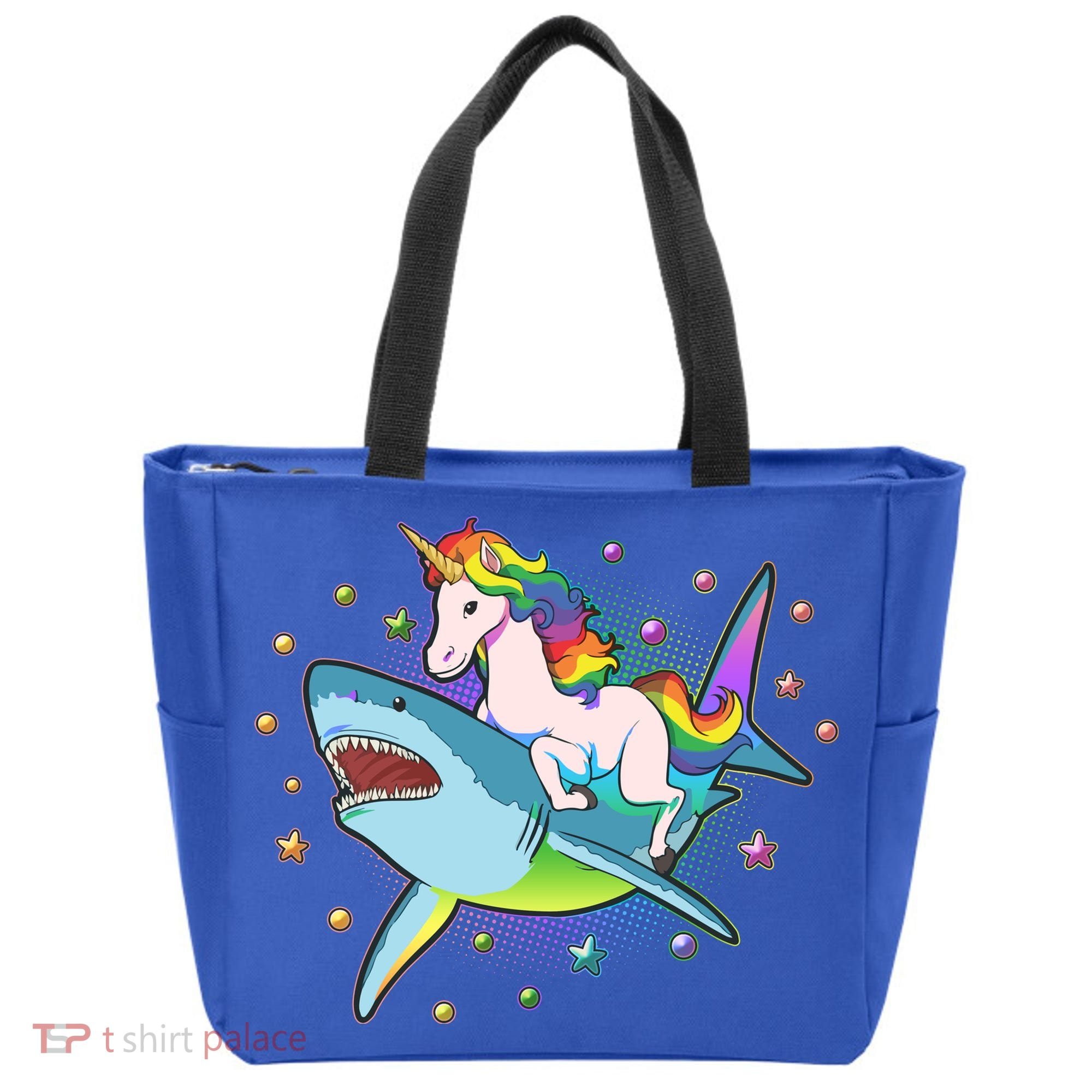 Funny Rainbow Unicorn Riding Shark Tote Bag