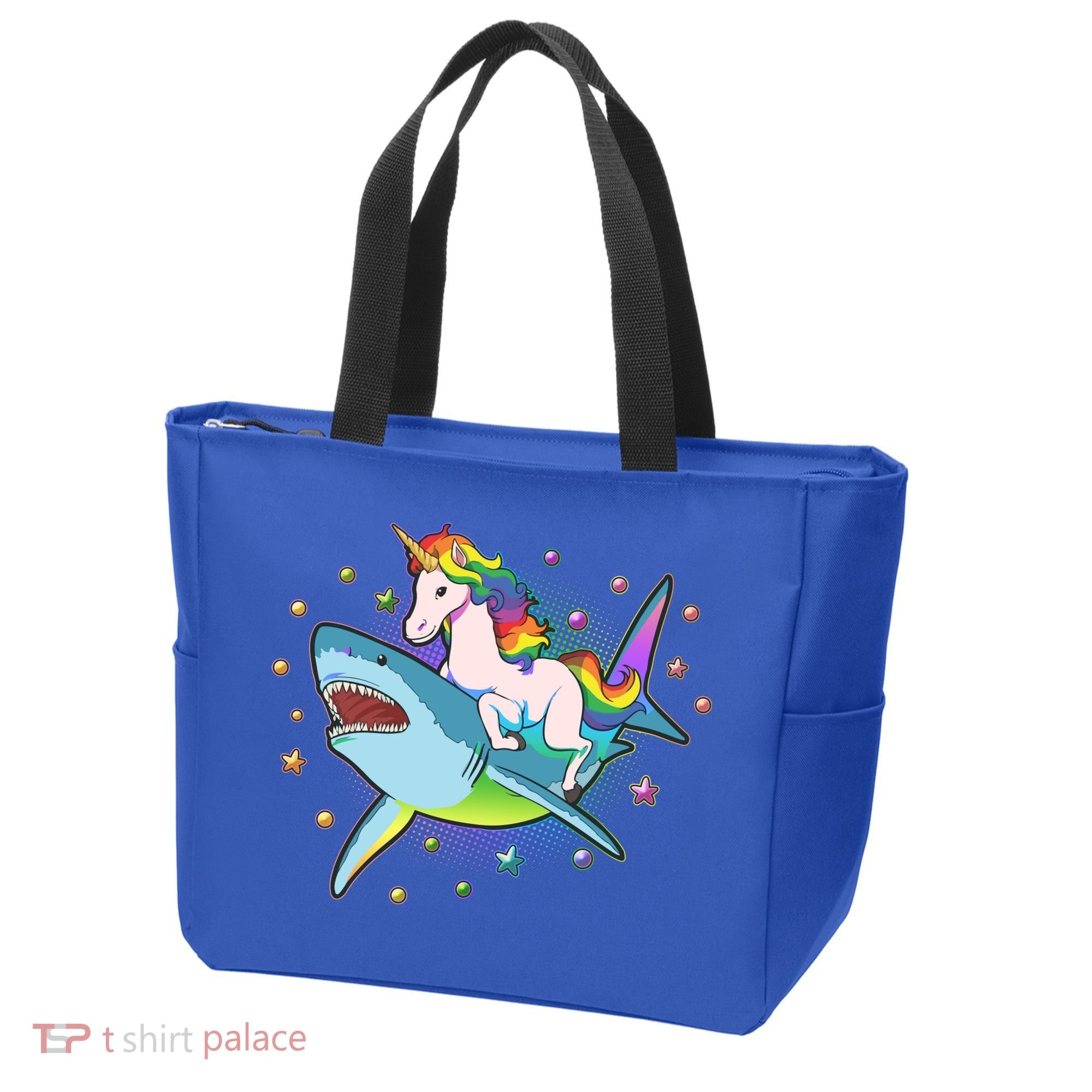 Funny Rainbow Unicorn Riding Shark Tote Bag