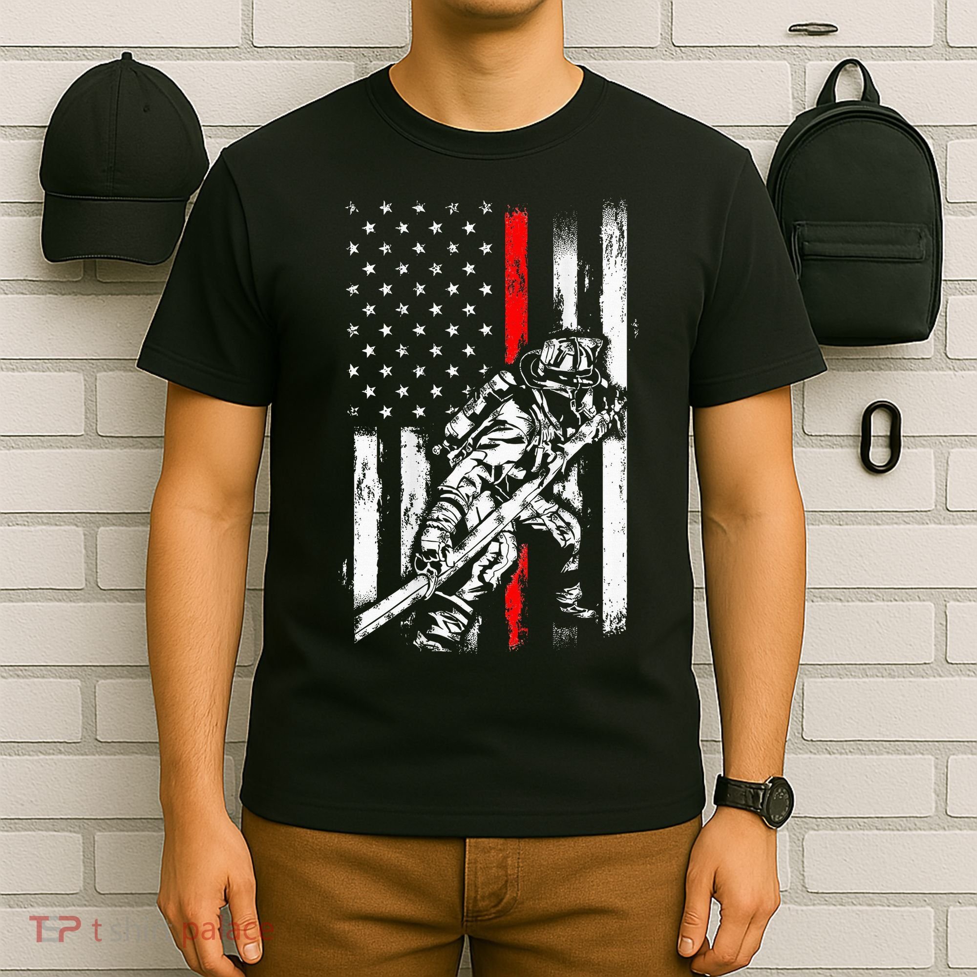 Firefighter Red Us Patriotic Funny Fireman American Flag T-Shirt