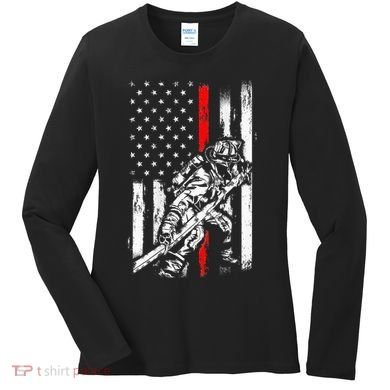 Firefighter Red Us Patriotic Funny Fireman American Flag Women's Long Sleeve Shirt