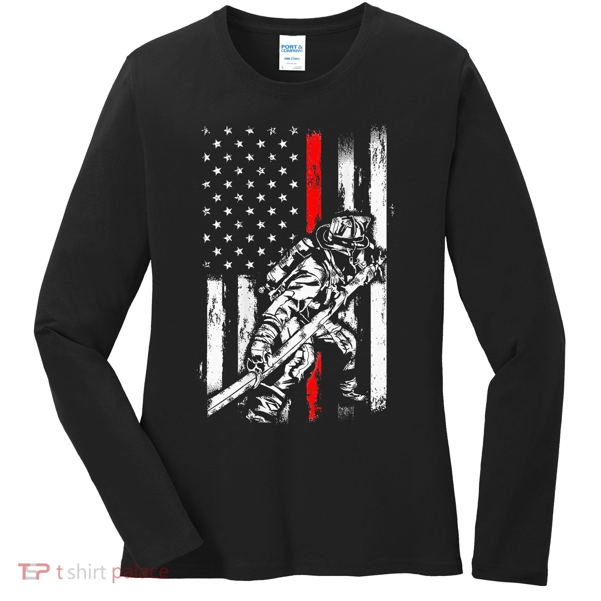 Firefighter Red Us Patriotic Funny Fireman American Flag Women's Long Sleeve Shirt