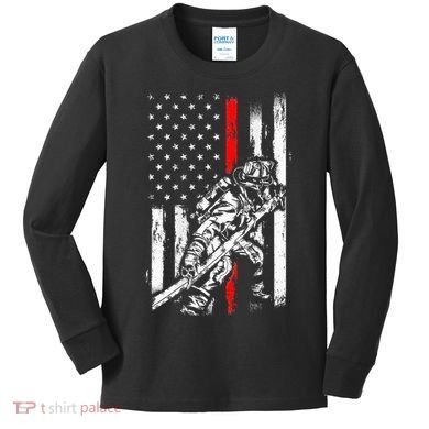 Firefighter Red Us Patriotic Funny Fireman American Flag Kids Long Sleeve Shirt
