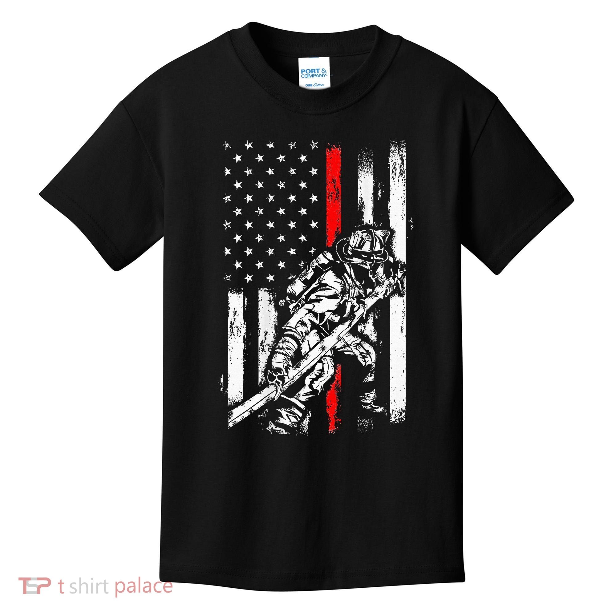 Firefighter Red Us Patriotic Funny Fireman American Flag Kids T-Shirt