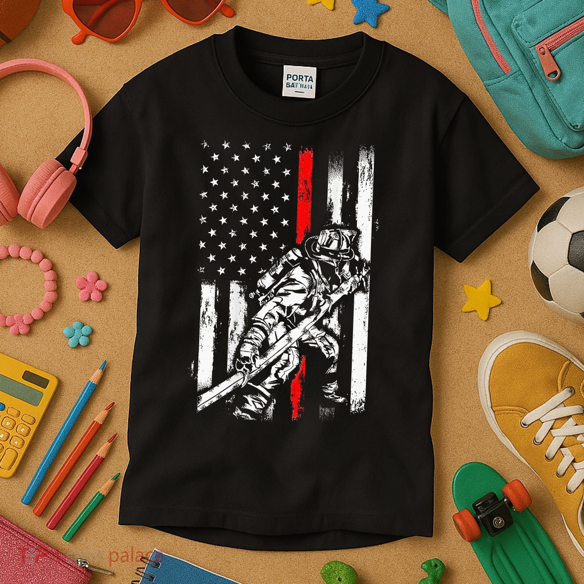 Firefighter Red Us Patriotic Funny Fireman American Flag Kids T-Shirt