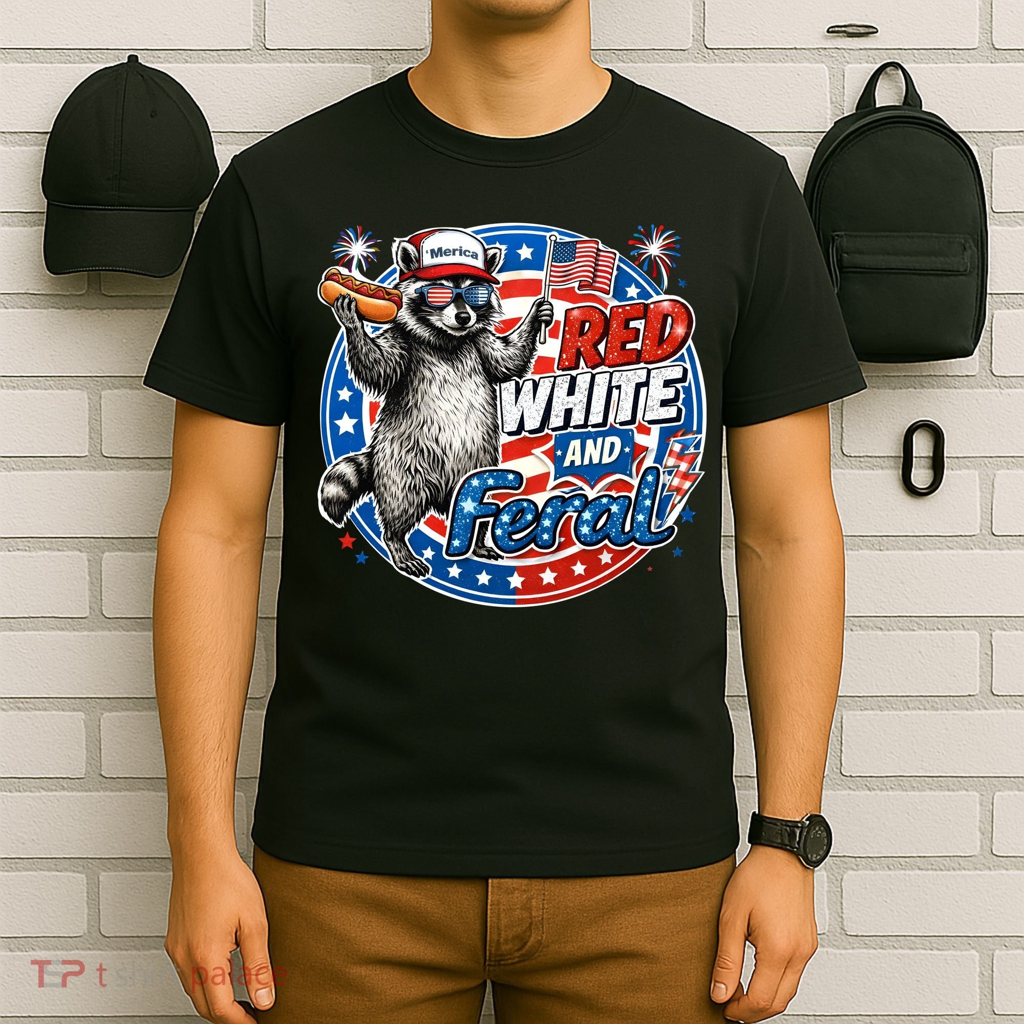 Funny Red White And Feral Patriotic Raccoon 4th Of July T-Shirt