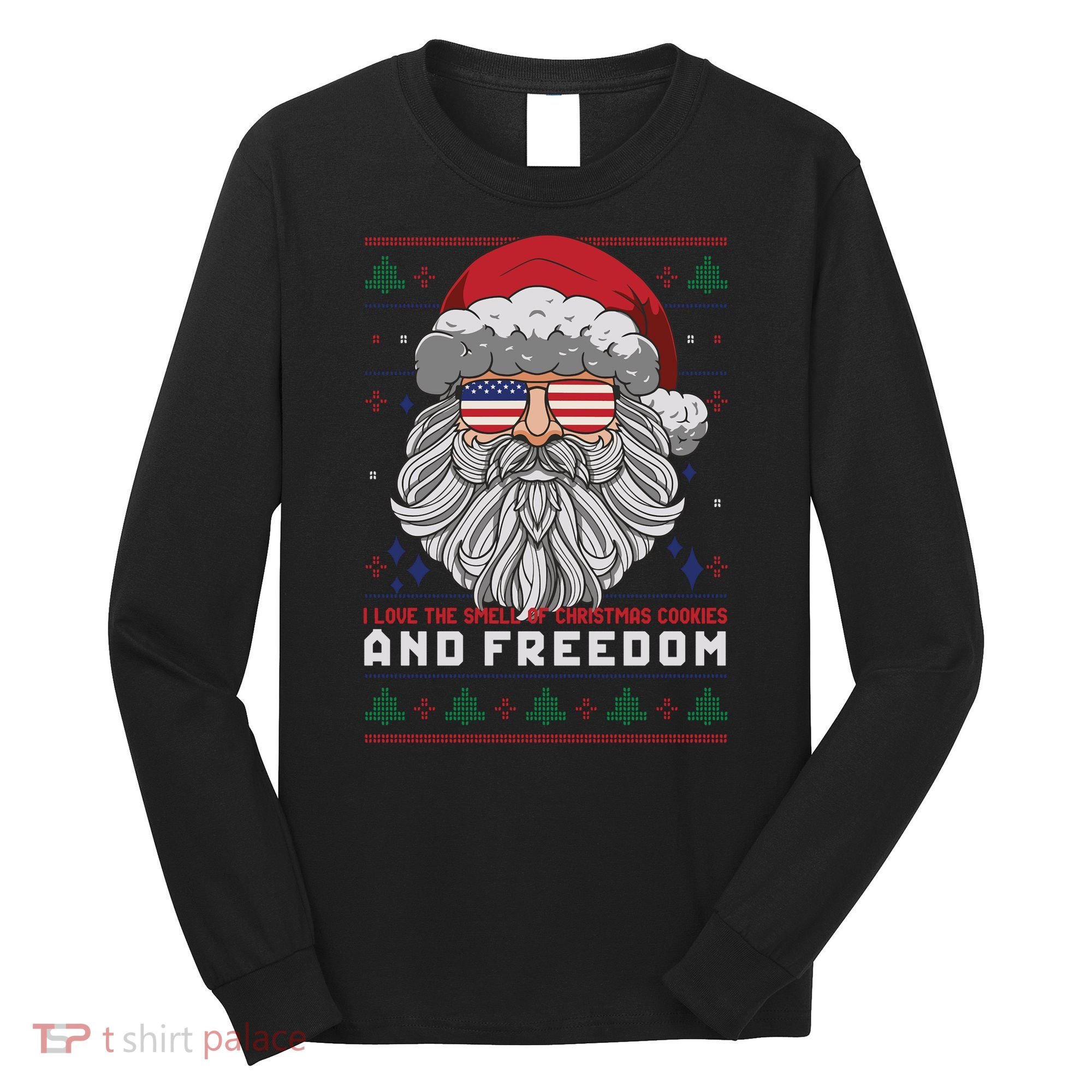 Funny Santa American Flag Freedom Patriotic Merry Christmas Long Sleeve Shirt