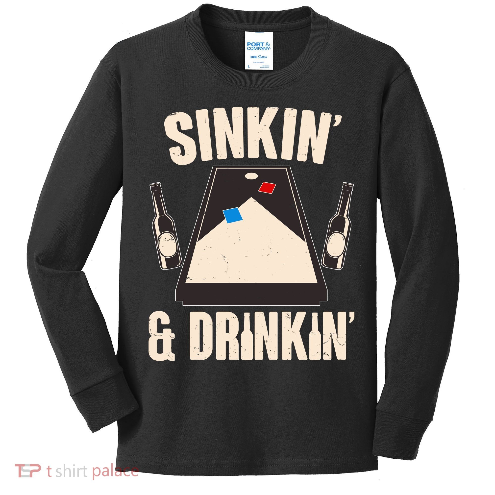 Funny Sinkin And Drinkin Cornhole Game Kids Long Sleeve Shirt