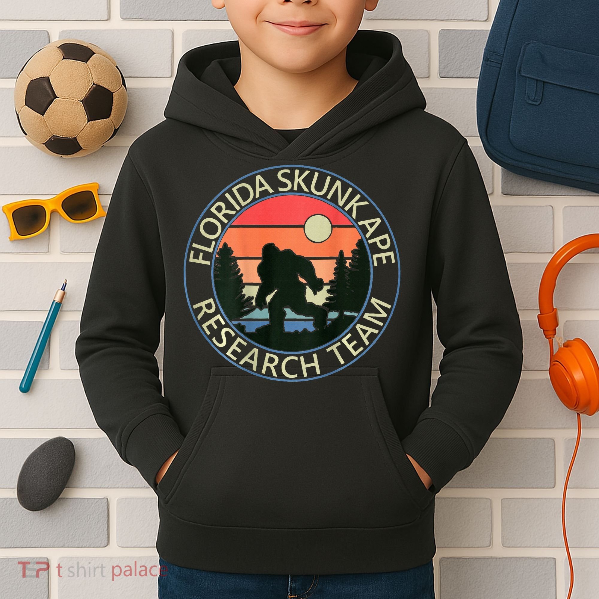 Florida Skunk Ape Research Team Camping Outdoors Back Print Kids Hoodie