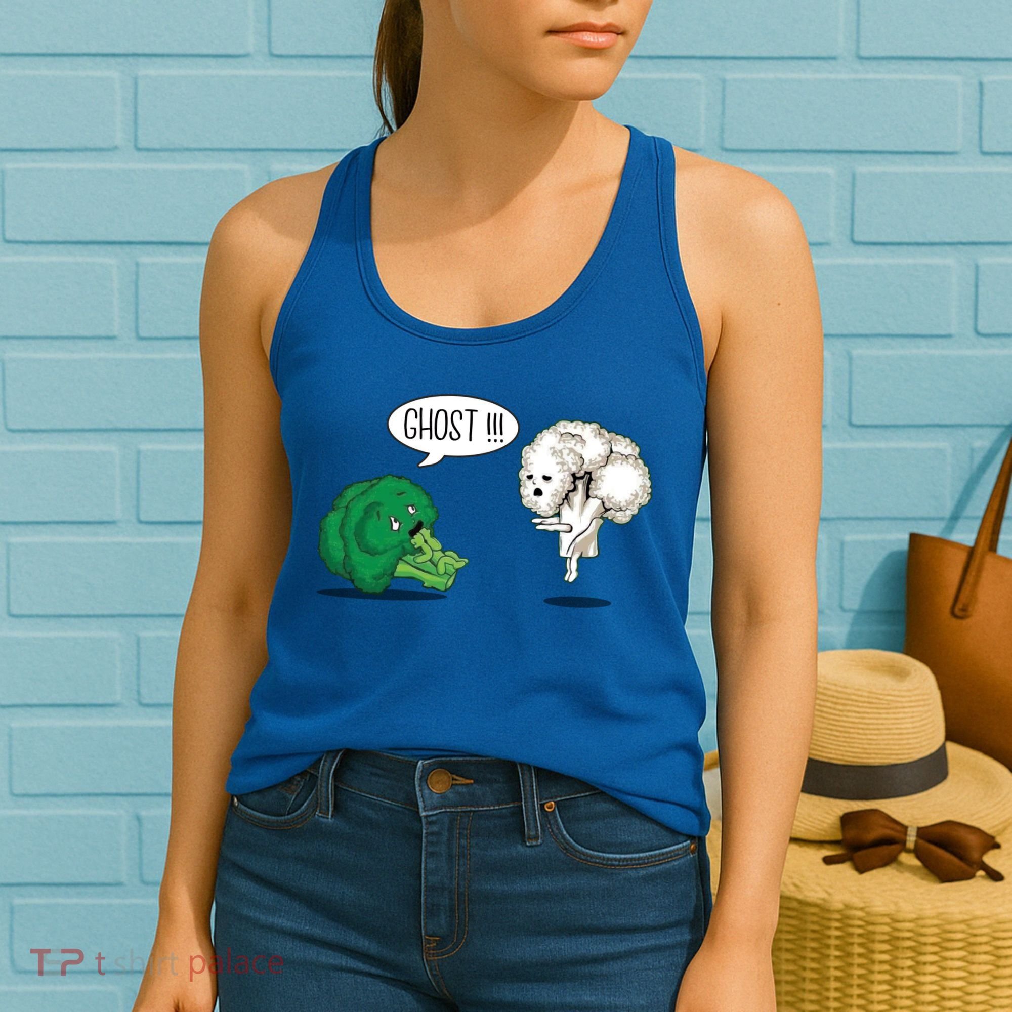 Funny Scared Broccoli By Ghost Cauliflower Funny Vegetarian Gift Women's Tank Top