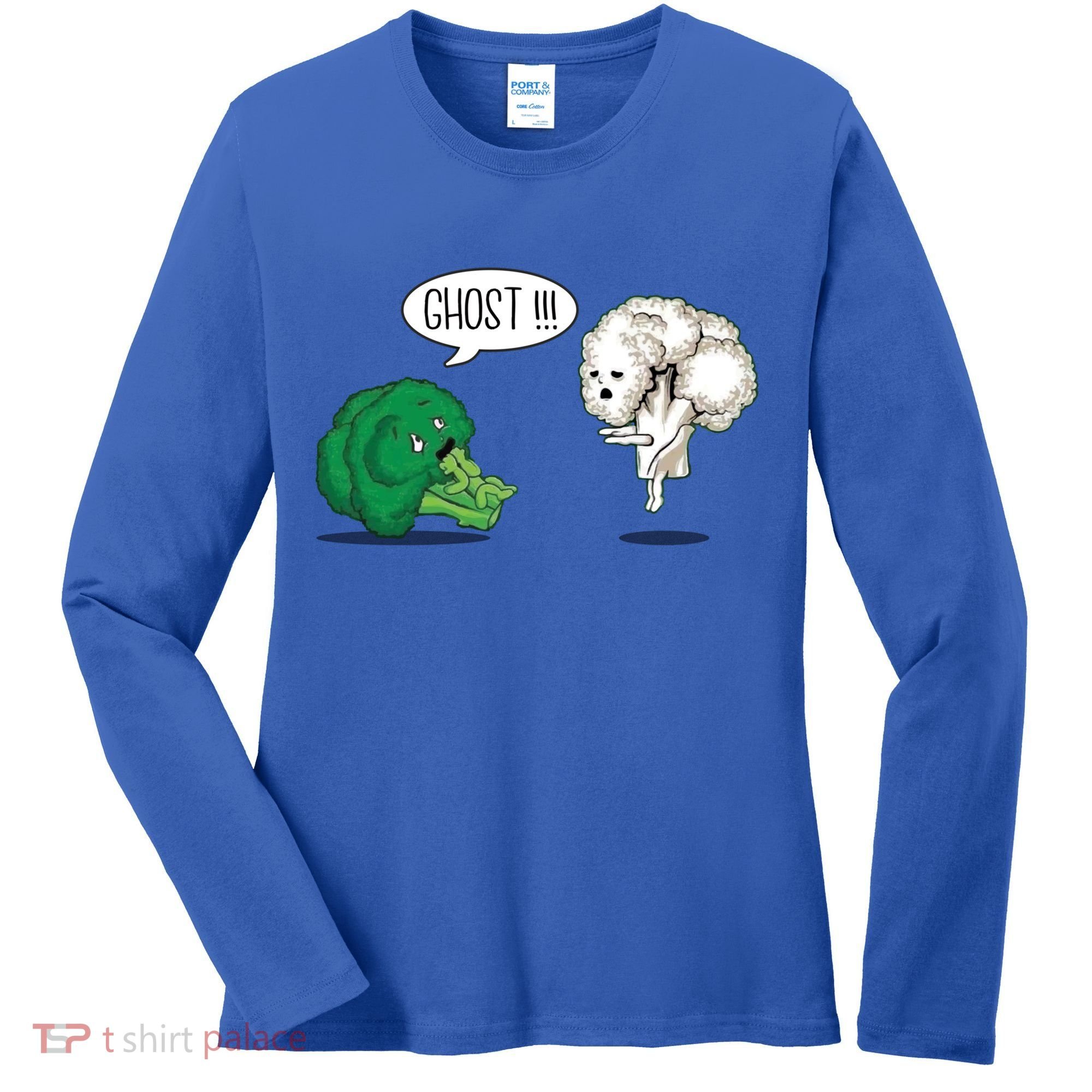 Funny Scared Broccoli By Ghost Cauliflower Funny Vegetarian Gift Women's Long Sleeve Shirt
