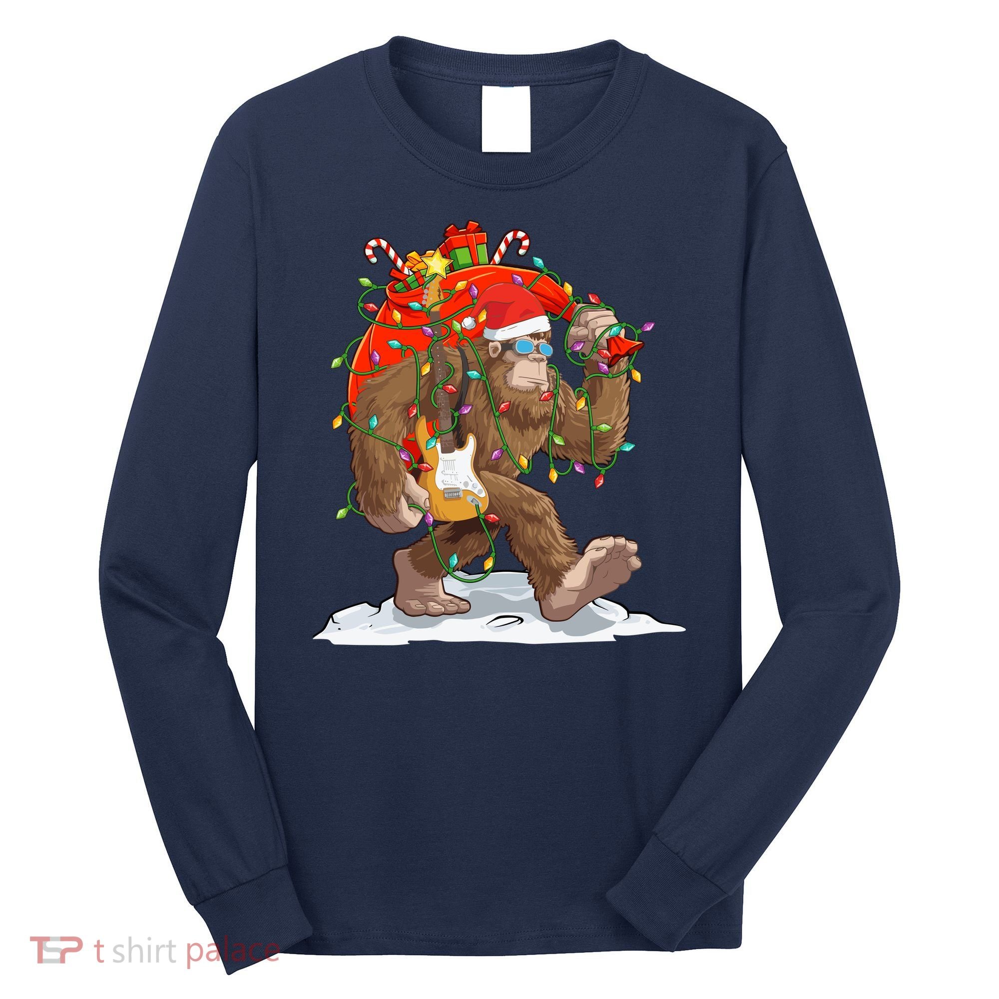Funny Santa Bigfoot Christmas Lights Rock Sasquatch Believe Long Sleeve Shirt