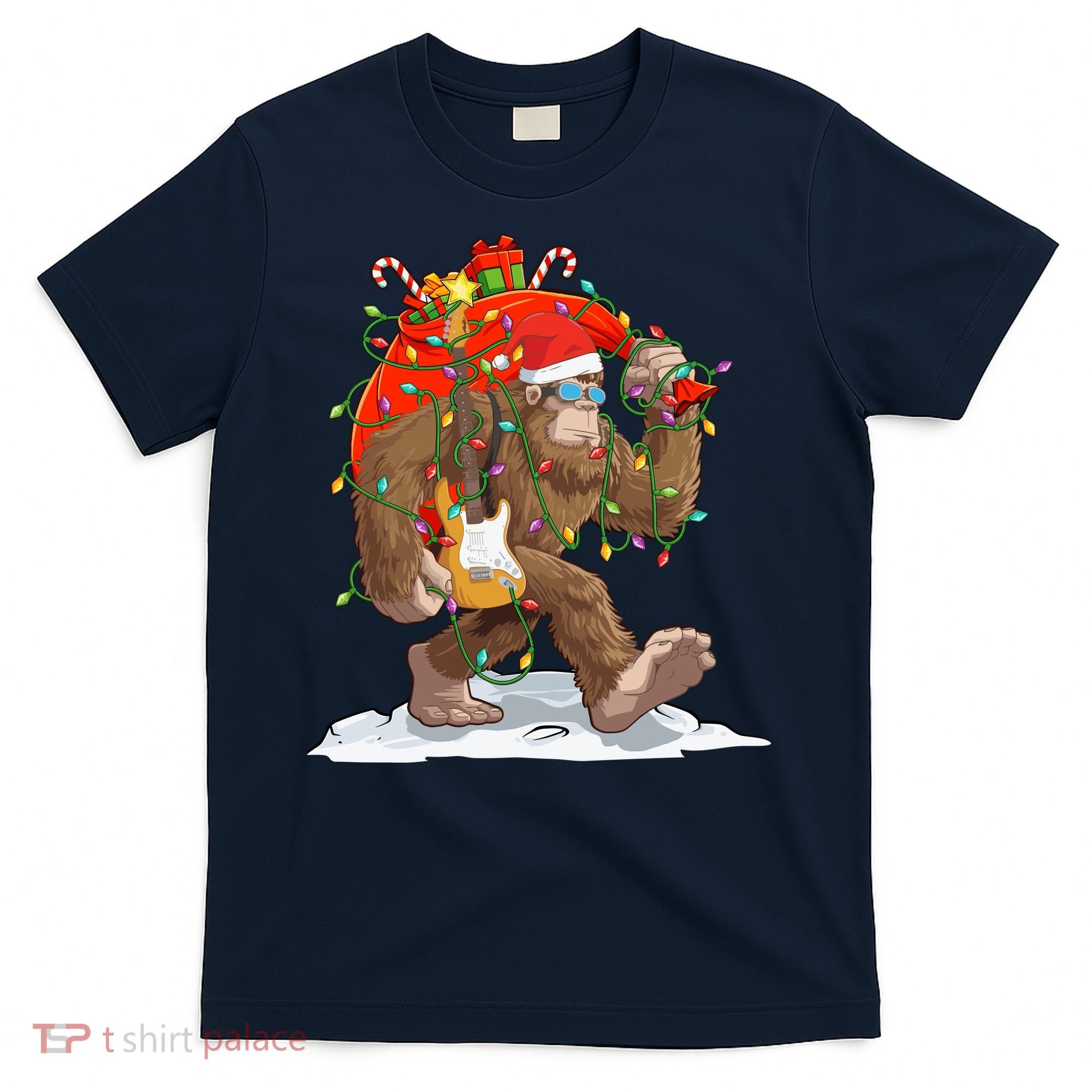 Funny Santa Bigfoot Christmas Lights Rock Sasquatch Believe T-Shirt