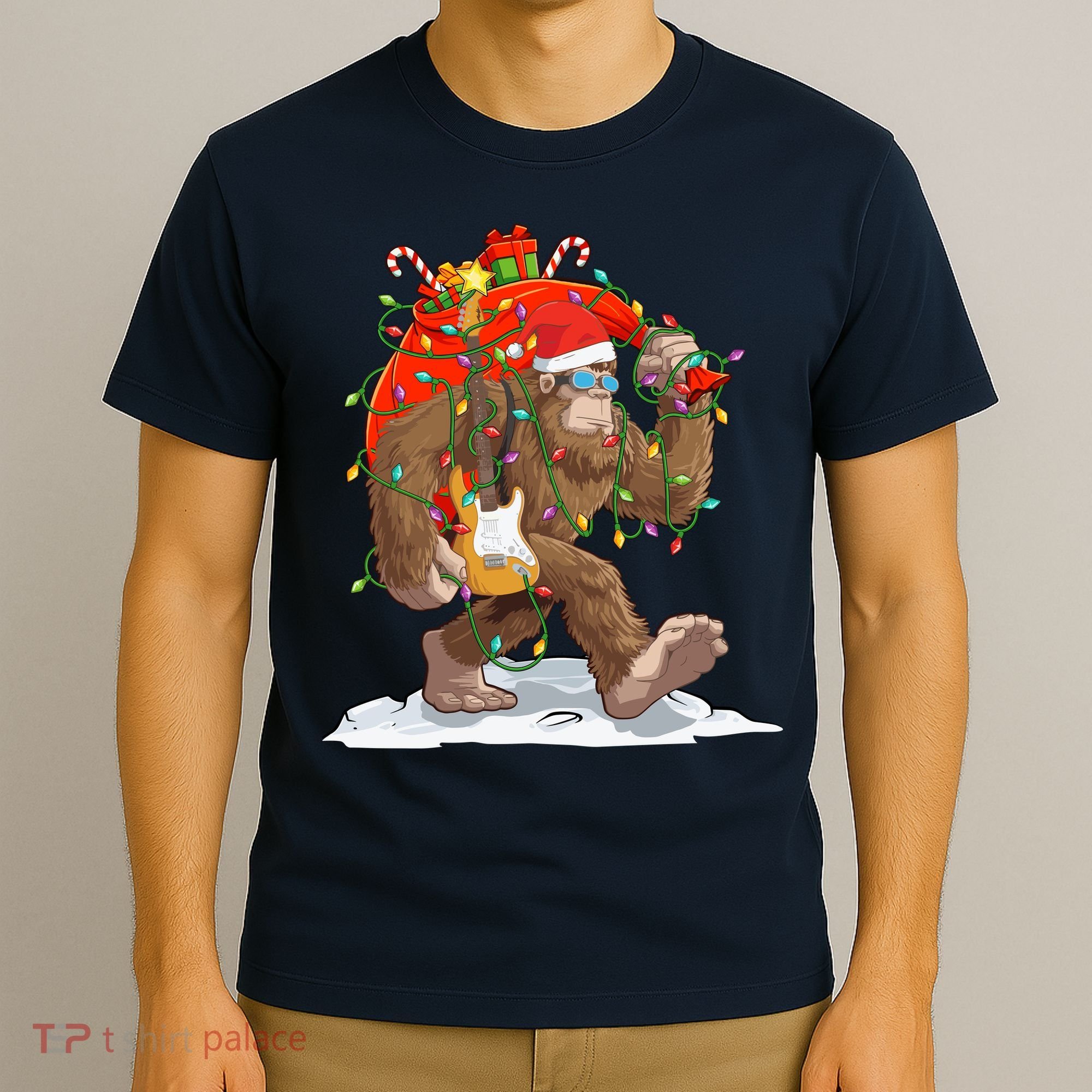 Funny Santa Bigfoot Christmas Lights Rock Sasquatch Believe T-Shirt