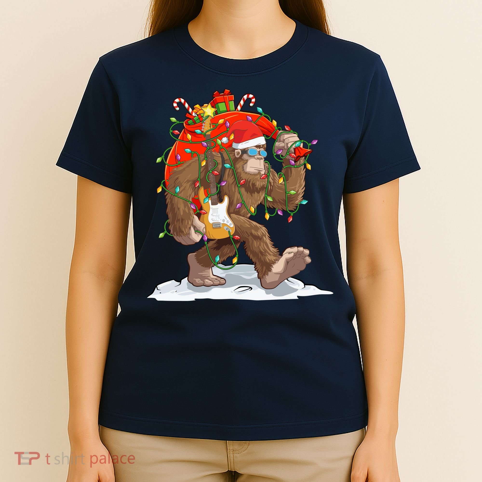 Funny Santa Bigfoot Christmas Lights Rock Sasquatch Believe T-Shirt