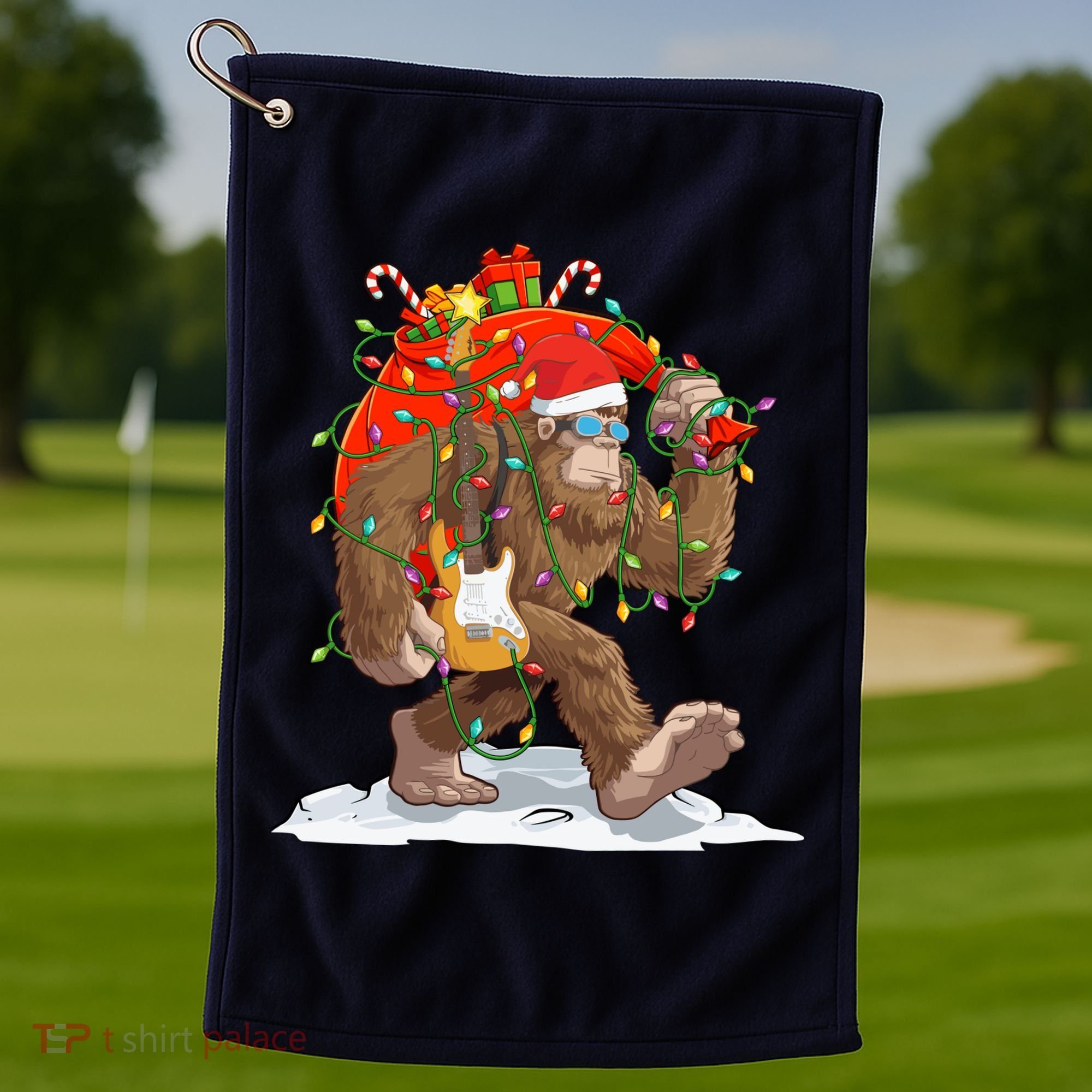 Funny Santa Bigfoot Christmas Lights Rock Sasquatch Believe Golf Towel
