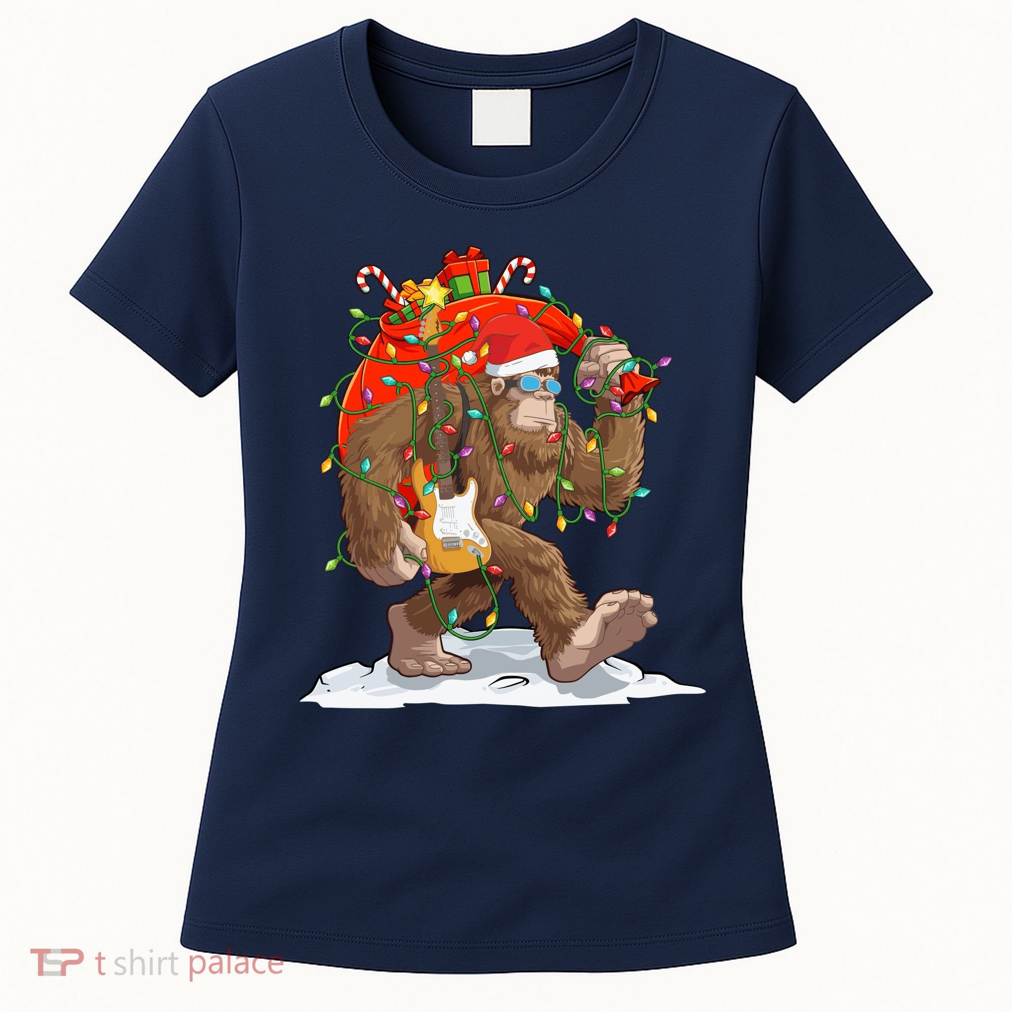 Funny Santa Bigfoot Christmas Lights Rock Sasquatch Believe Women's T-Shirt