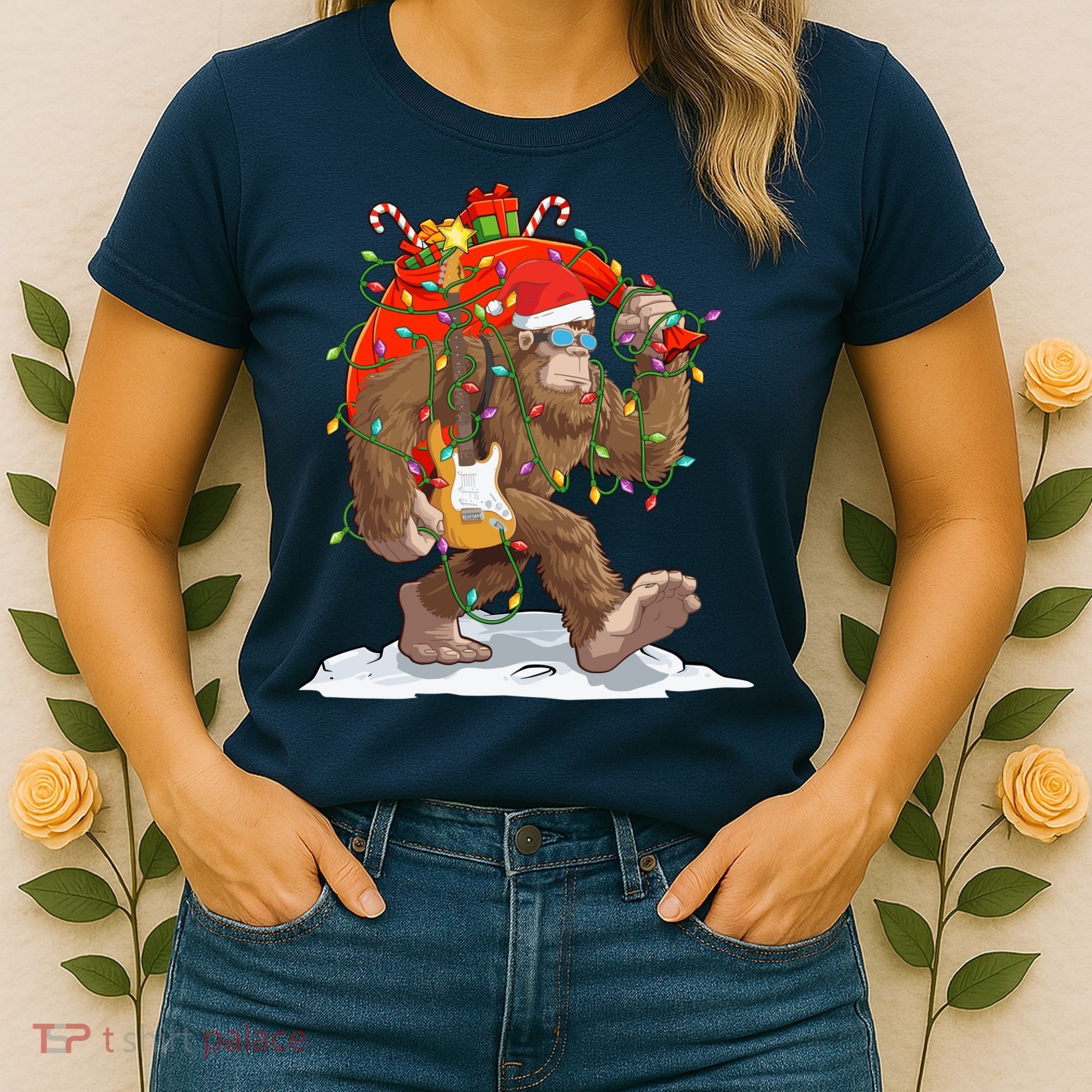 Funny Santa Bigfoot Christmas Lights Rock Sasquatch Believe Women's T-Shirt