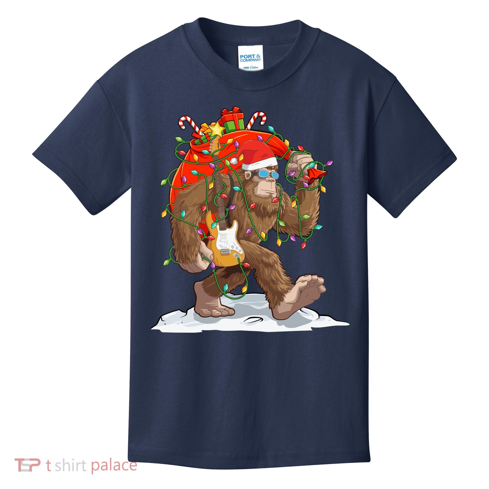 Funny Santa Bigfoot Christmas Lights Rock Sasquatch Believe Kids T-Shirt