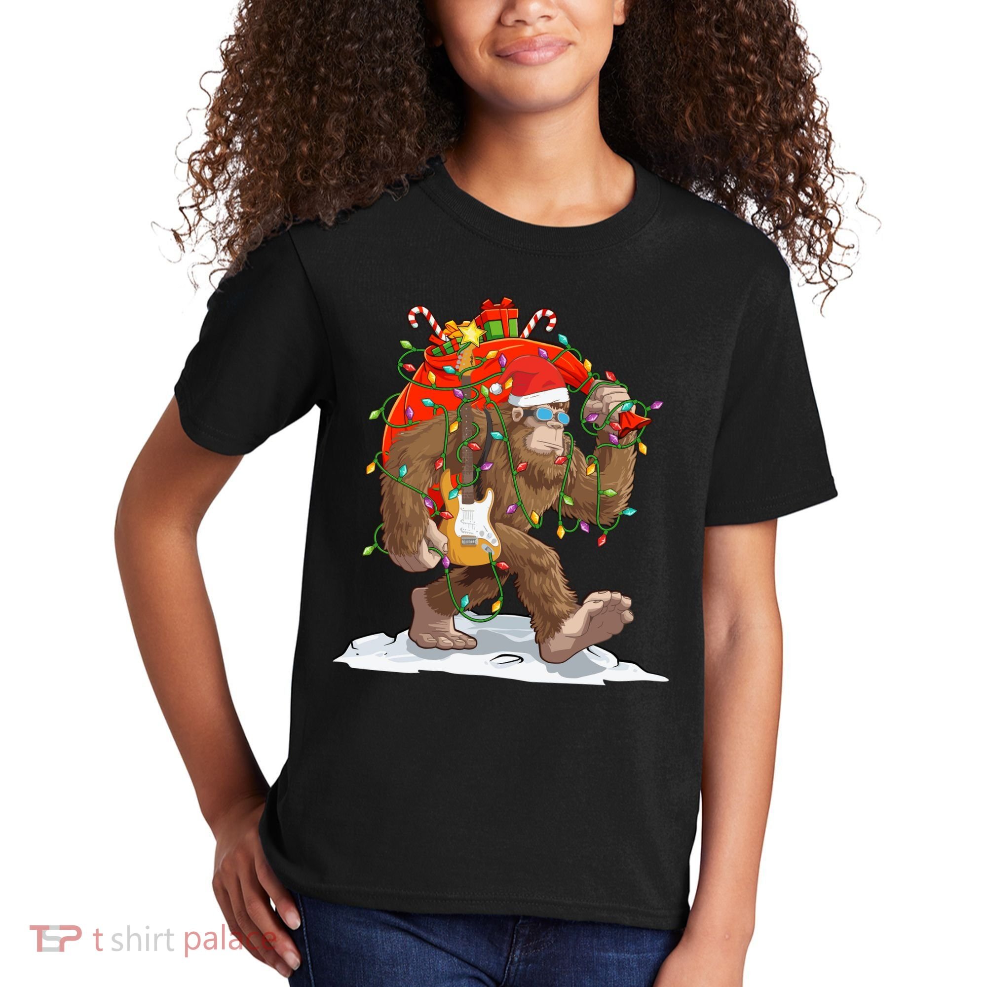 Funny Santa Bigfoot Christmas Lights Rock Sasquatch Believe Kids T-Shirt