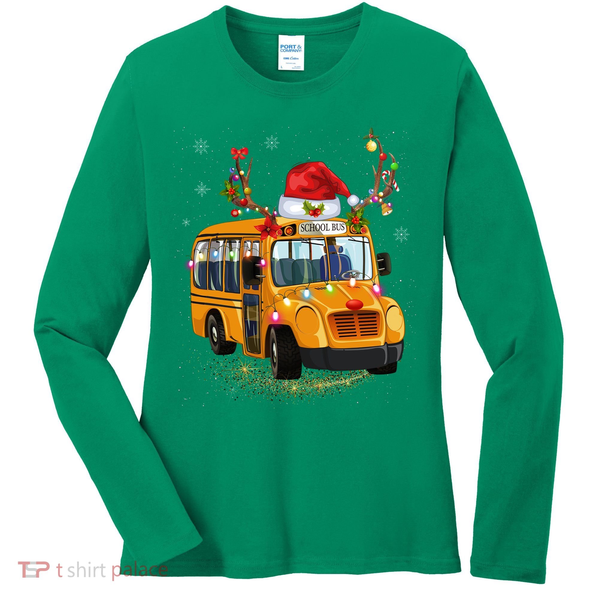Funny School Bus Reindeer Santa Christmas School Bus Driver Women's Long Sleeve Shirt