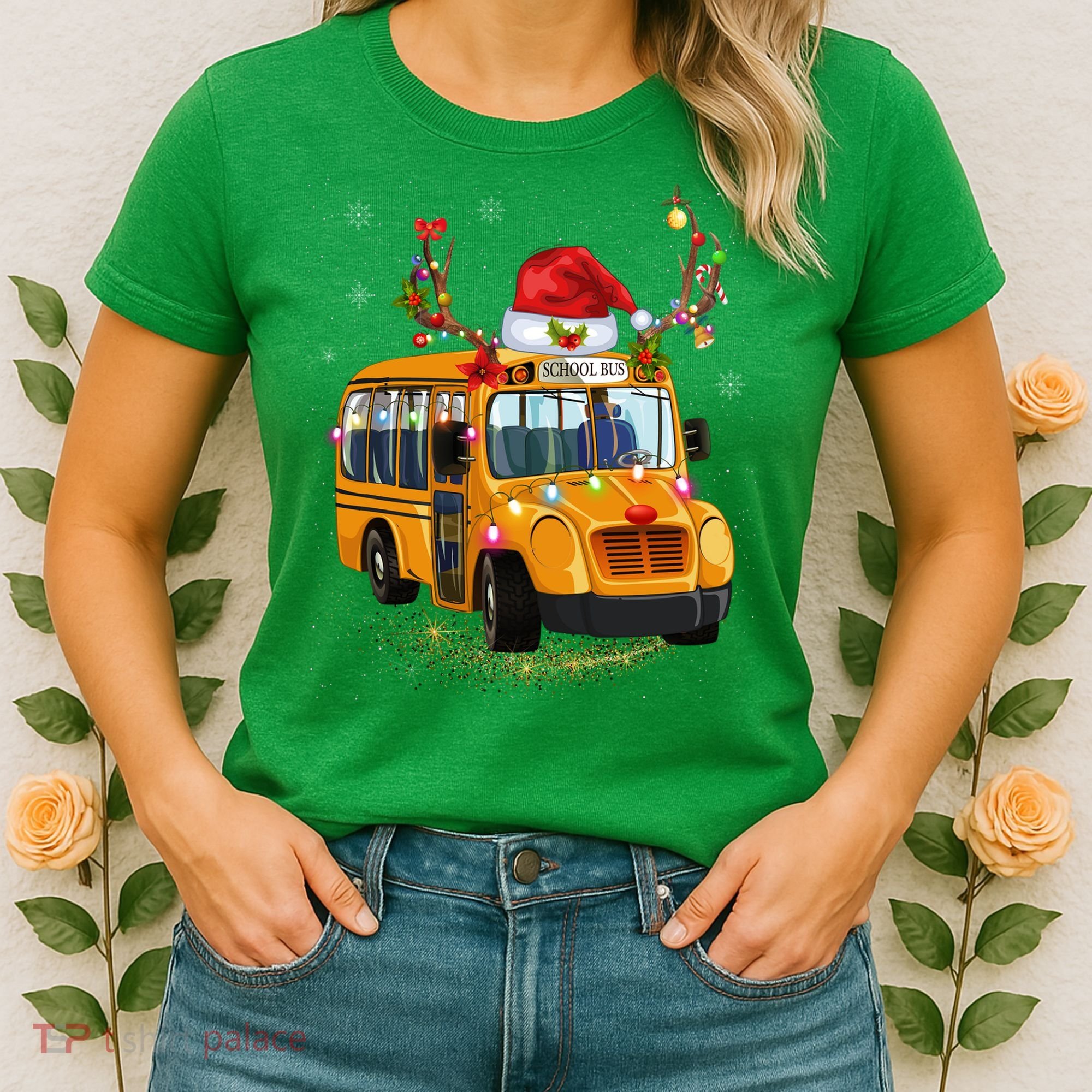 Funny School Bus Reindeer Santa Christmas School Bus Driver Women's T-Shirt