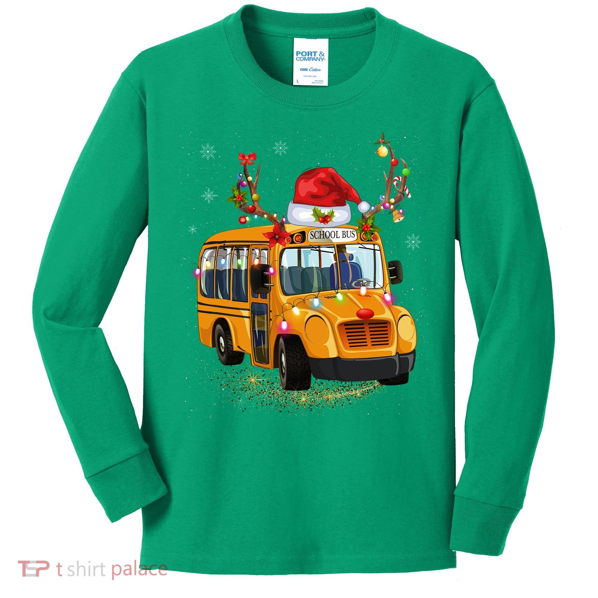 Funny School Bus Reindeer Santa Christmas School Bus Driver Kids Long Sleeve Shirt