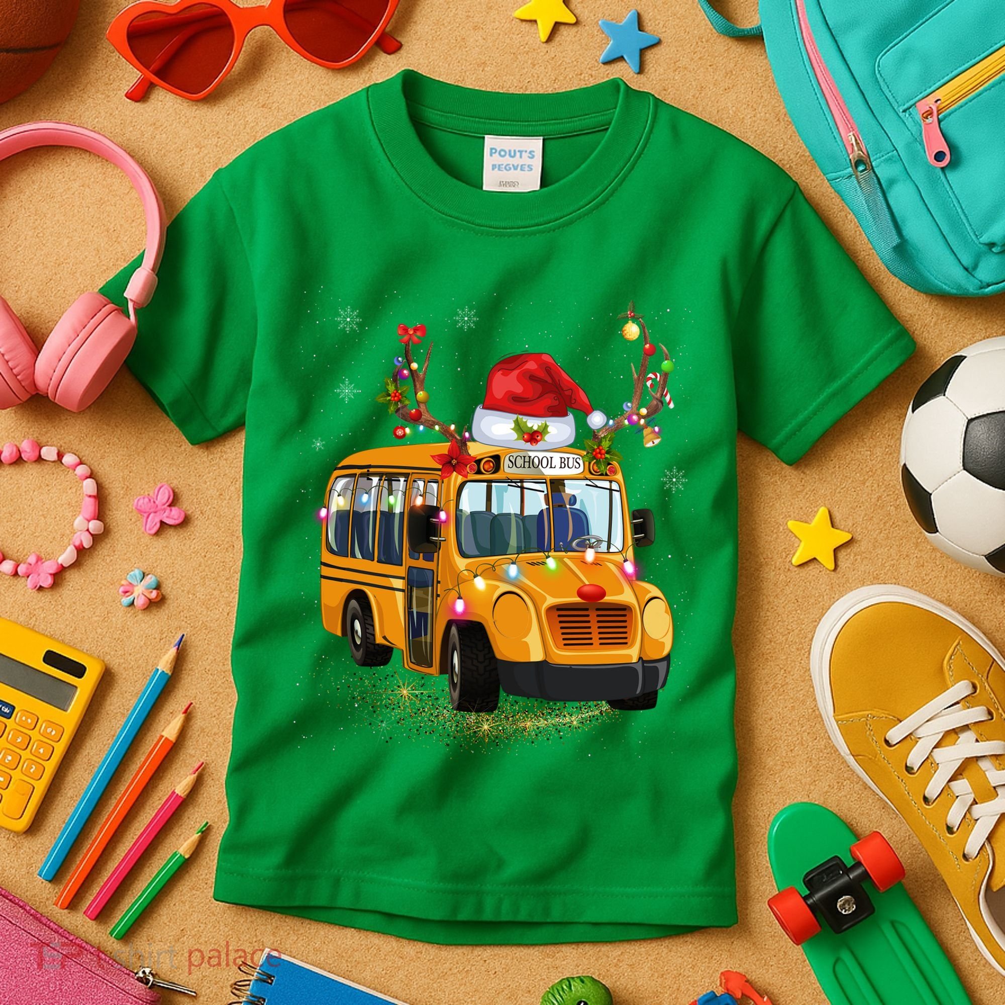 Funny School Bus Reindeer Santa Christmas School Bus Driver Kids T-Shirt