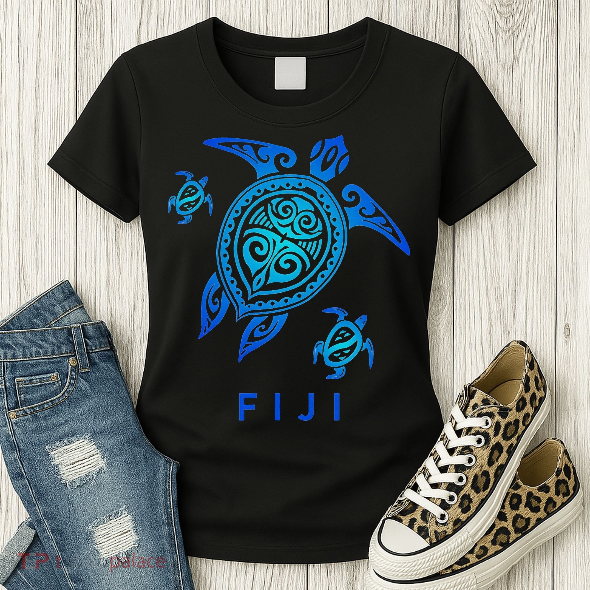 Fiji Sea Blue Tribal Turtle Women's T-Shirt