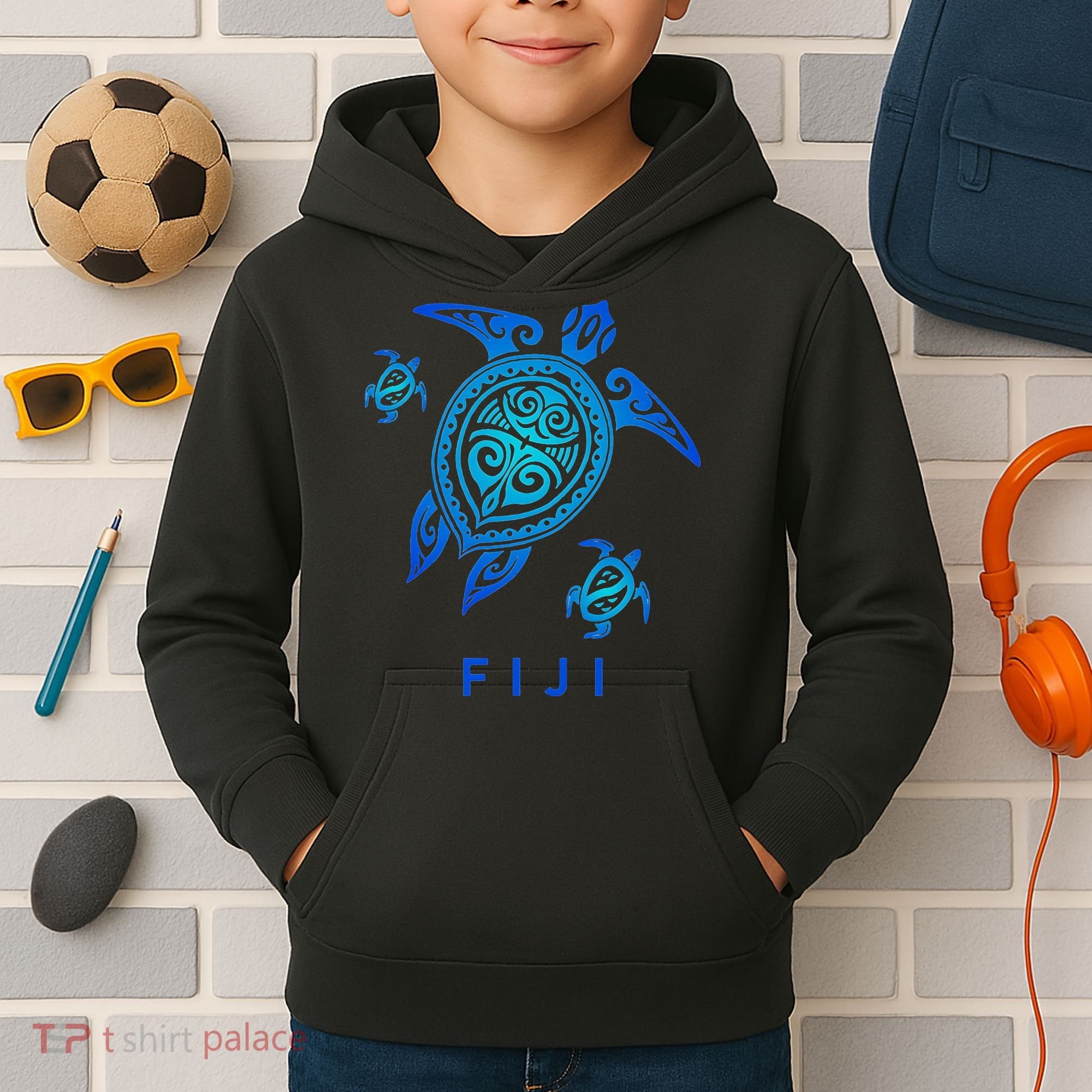 Fiji Sea Blue Tribal Turtle Kids Hoodie