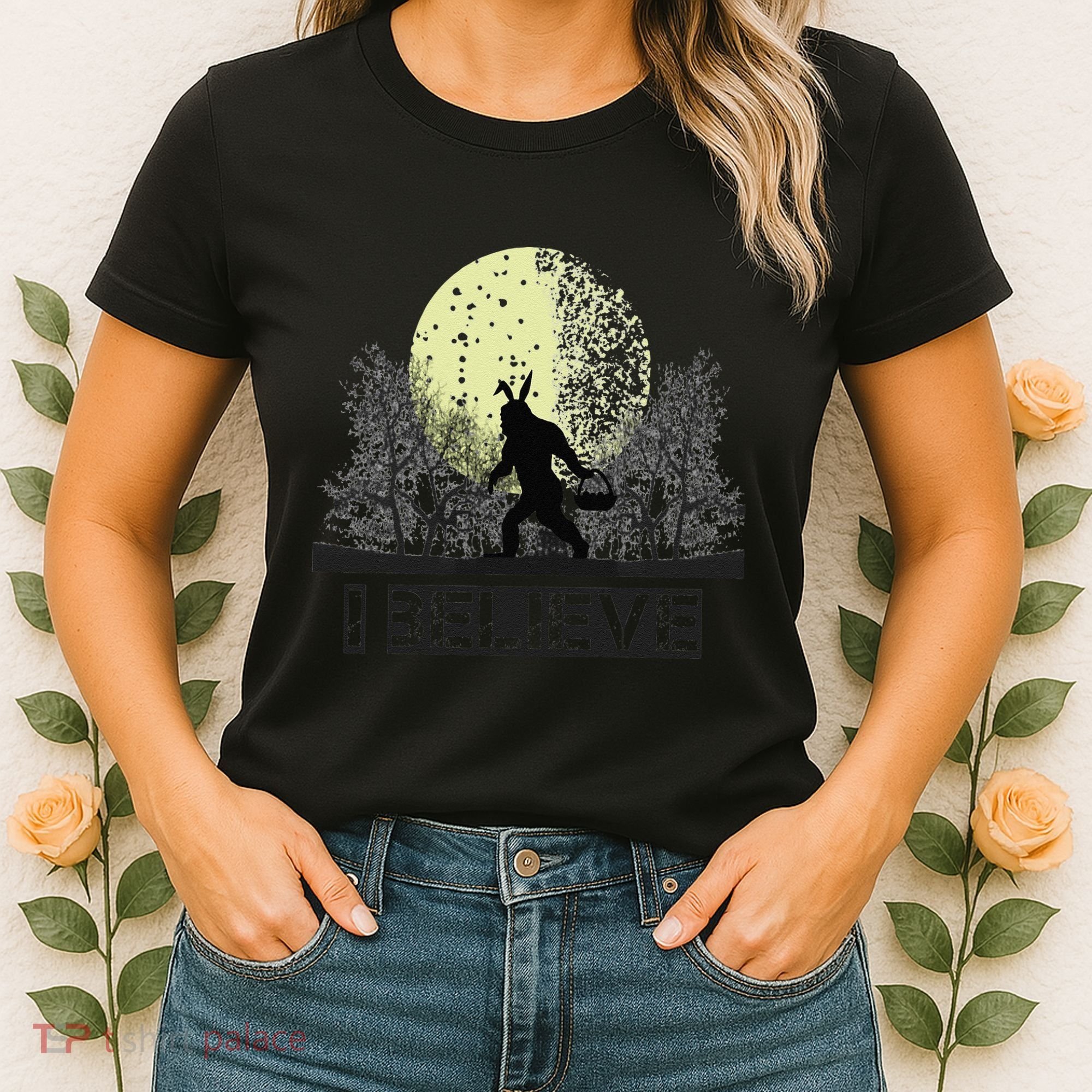 Funny Sasquatch Bigfoot Easter Bunny Ears Cryptid Monster Women's T-Shirt