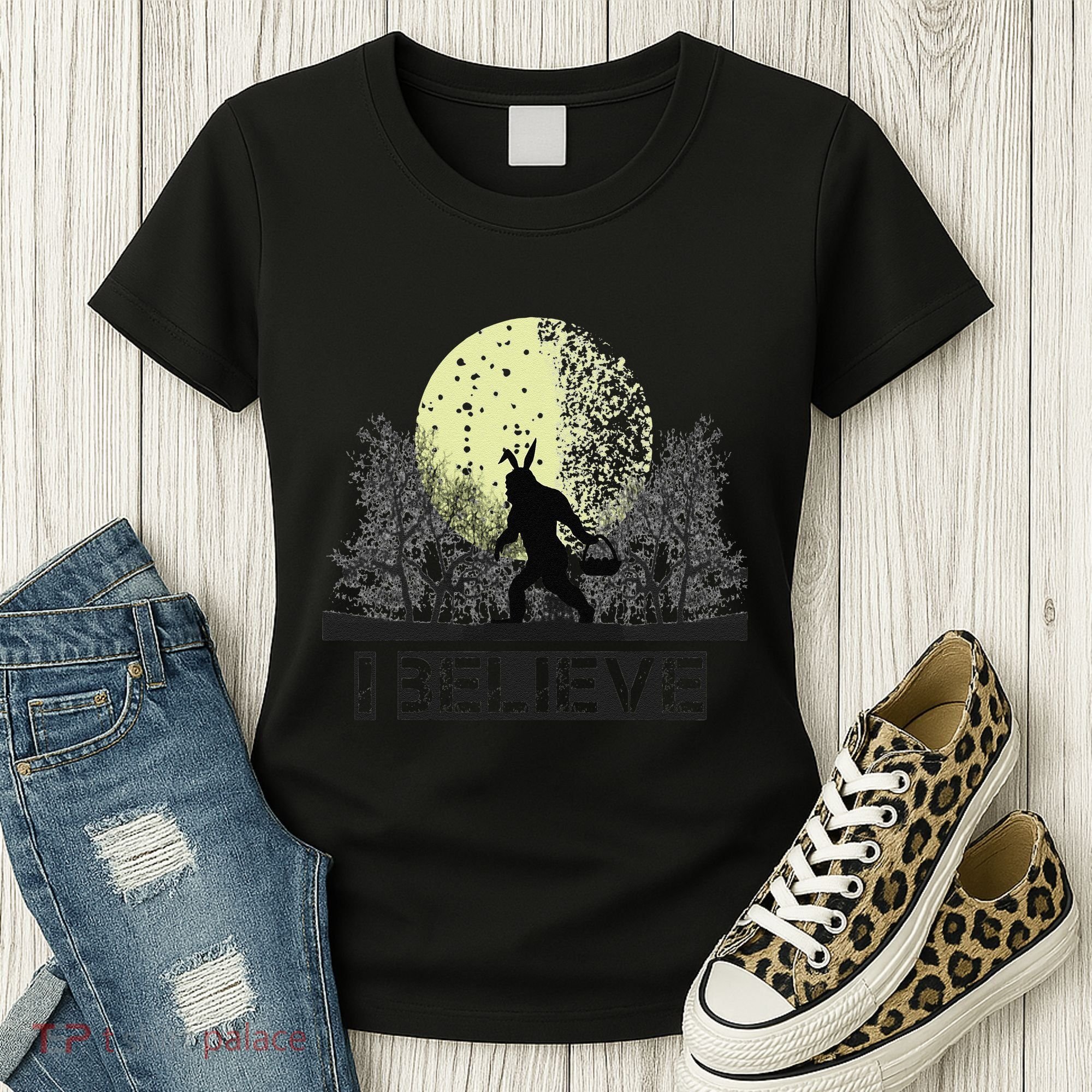 Funny Sasquatch Bigfoot Easter Bunny Ears Cryptid Monster Women's T-Shirt