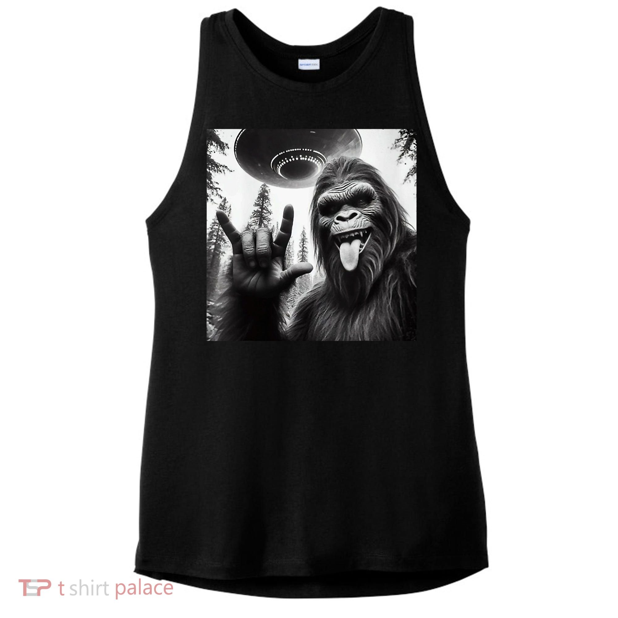 Funny Sasquatch Bigfoot Rock On Selfie With Ufo Alien Ladies PosiCharge Tri-Blend Wicking Tank