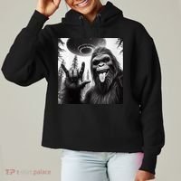 Funny Sasquatch Bigfoot Rock On Selfie With Ufo Alien Ladies Heavyweight Boxy Pullover Hoodie thumb 0