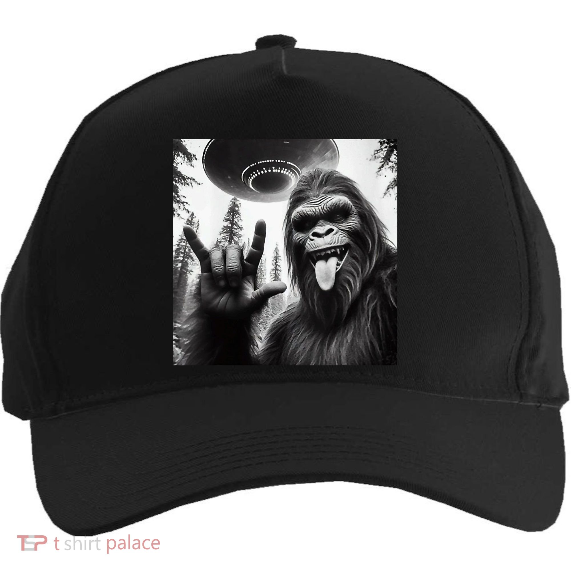 Funny Sasquatch Bigfoot Rock On Selfie With Ufo Alien Five-Panel Snapback Cap