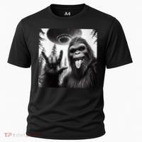 Funny Sasquatch Bigfoot Rock On Selfie With Ufo Alien Cooling Performance Crew T-Shirt thumb 0