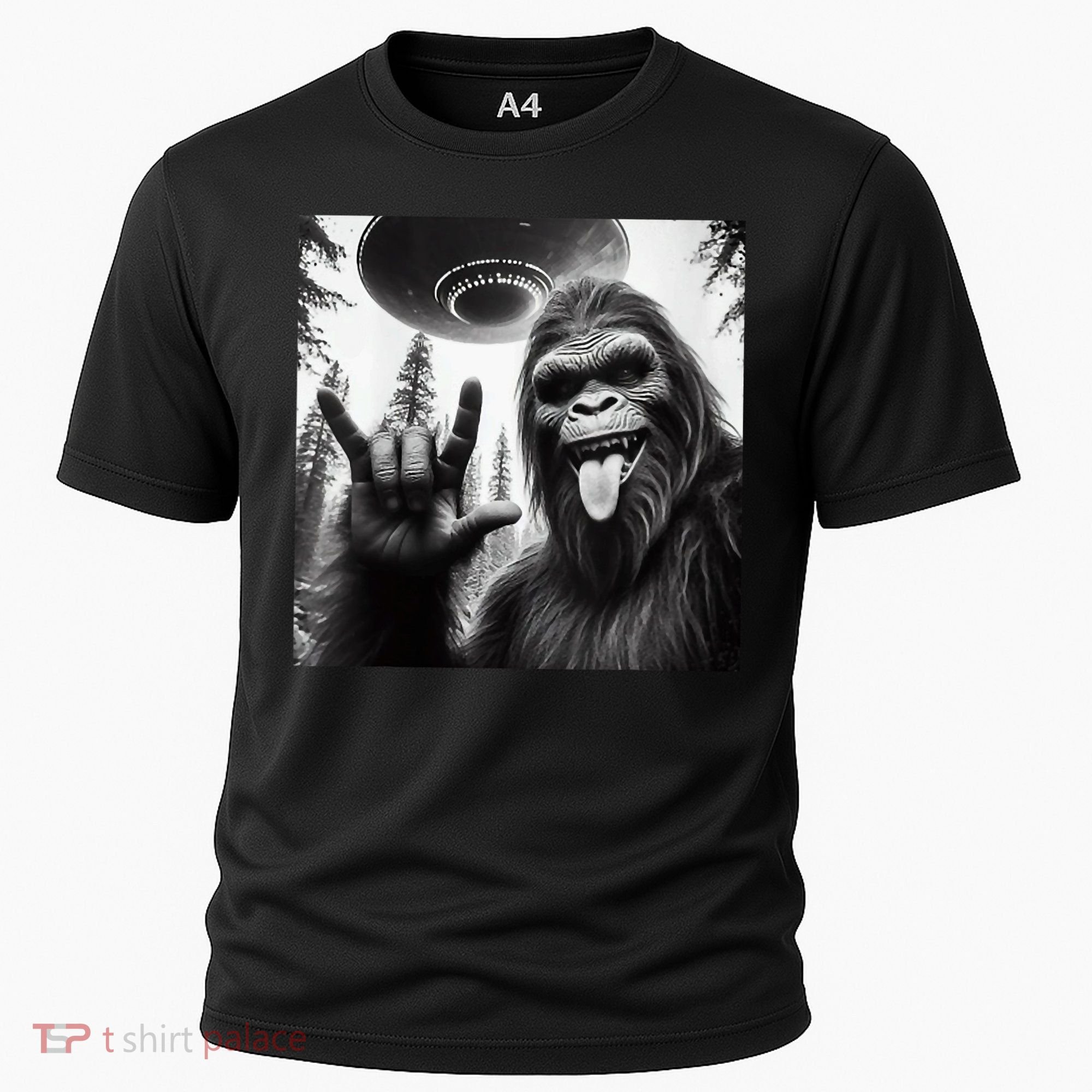 Funny Sasquatch Bigfoot Rock On Selfie With Ufo Alien Cooling Performance Crew T-Shirt
