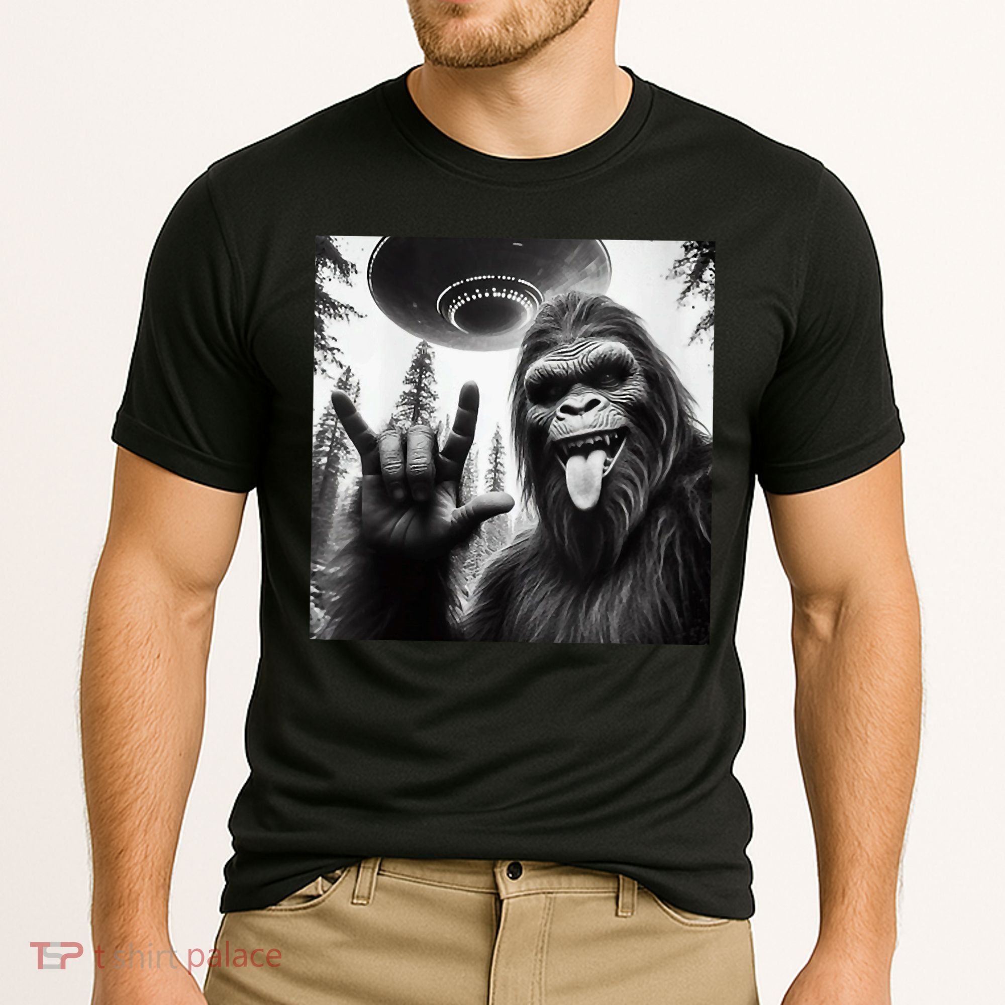 Funny Sasquatch Bigfoot Rock On Selfie With Ufo Alien Cooling Performance Crew T-Shirt