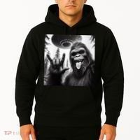 Funny Sasquatch Bigfoot Rock On Selfie With Ufo Alien Hoodie thumb 2