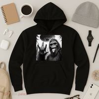 Funny Sasquatch Bigfoot Rock On Selfie With Ufo Alien Hoodie thumb 3