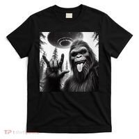 Funny Sasquatch Bigfoot Rock On Selfie With Ufo Alien T-Shirt thumb 0