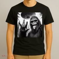 Funny Sasquatch Bigfoot Rock On Selfie With Ufo Alien T-Shirt thumb 3