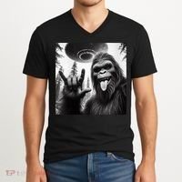Funny Sasquatch Bigfoot Rock On Selfie With Ufo Alien V-Neck T-Shirt thumb 2