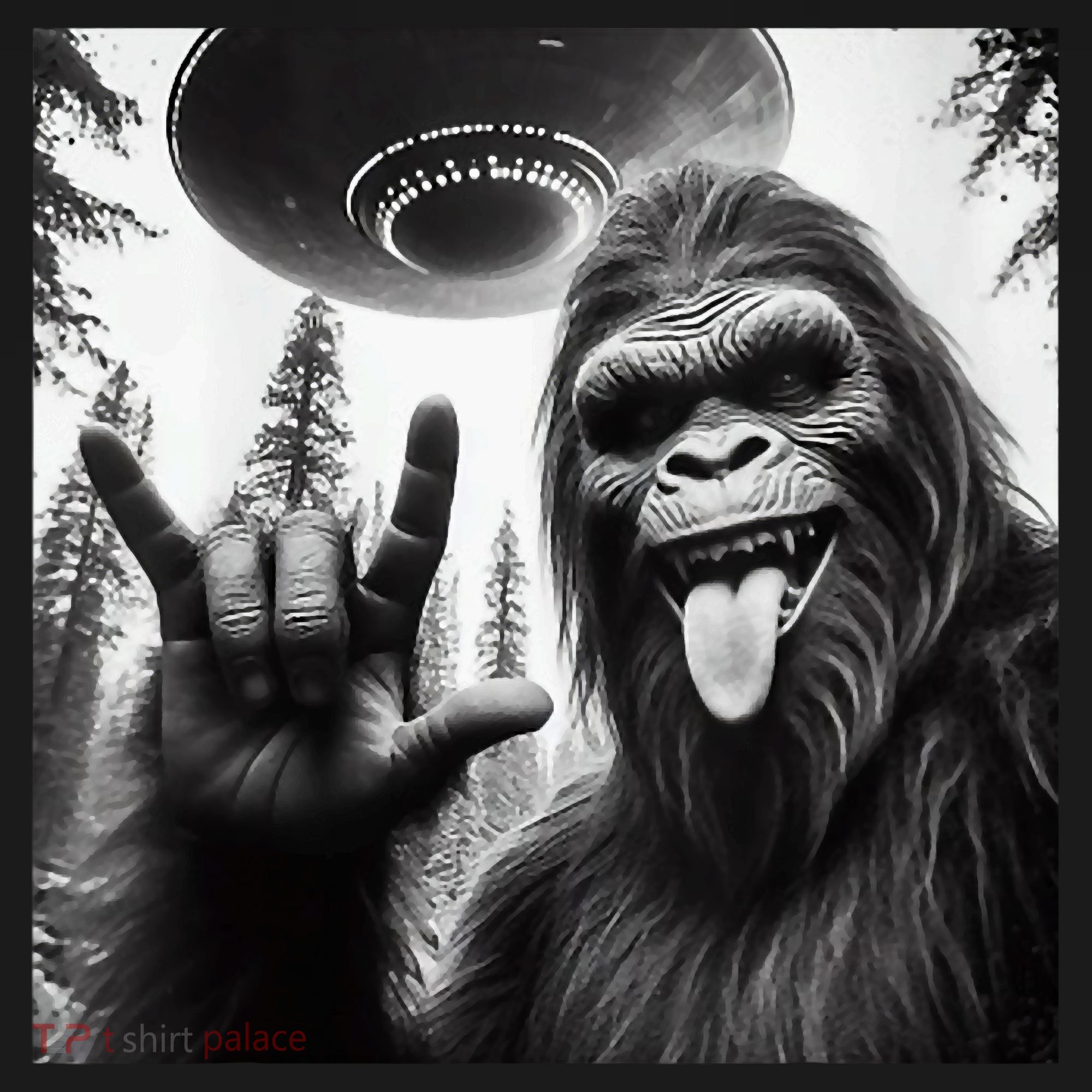 Funny Sasquatch Bigfoot Rock On Selfie With Ufo Alien V-Neck T-Shirt