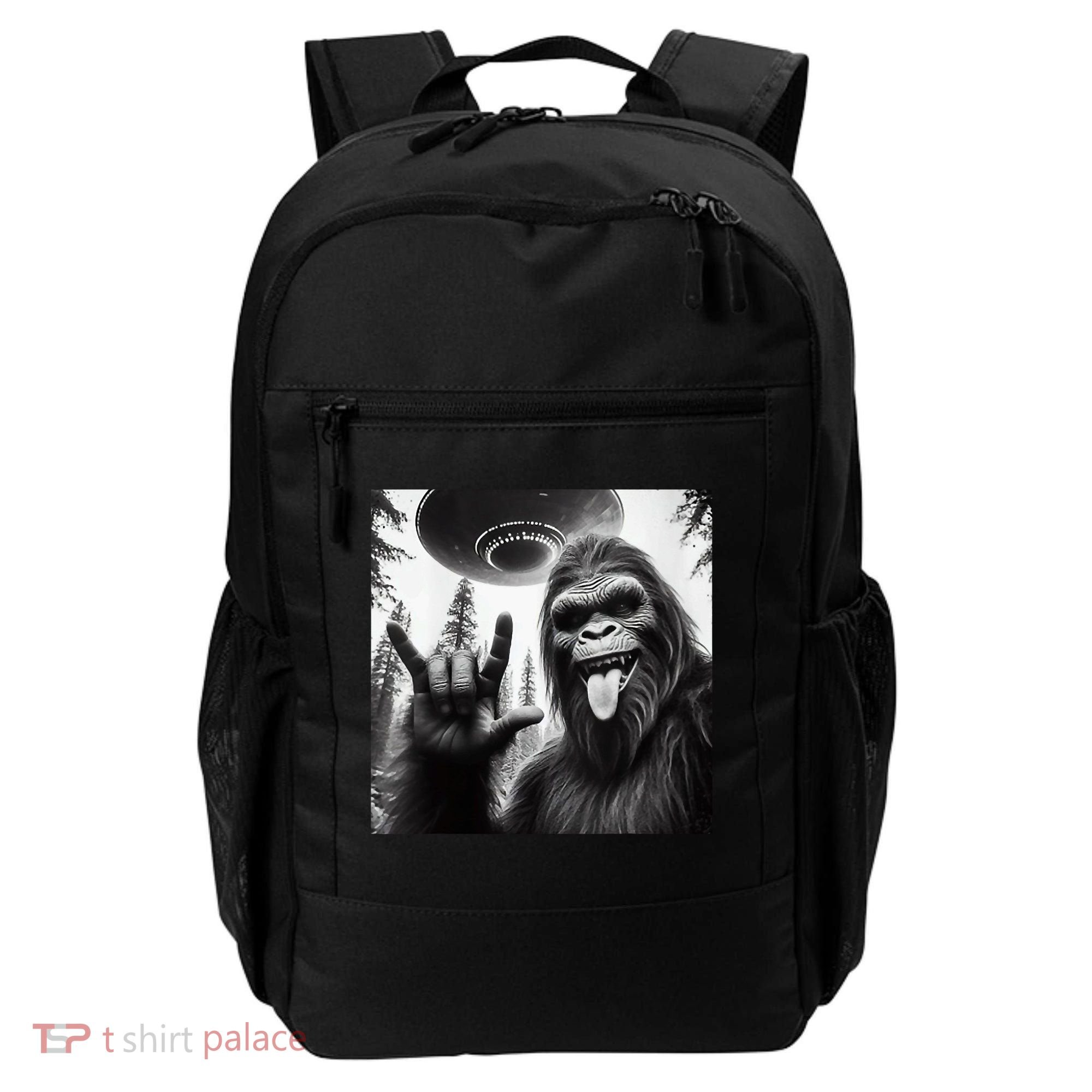 Funny Sasquatch Bigfoot Rock On Selfie With Ufo Alien Backpack